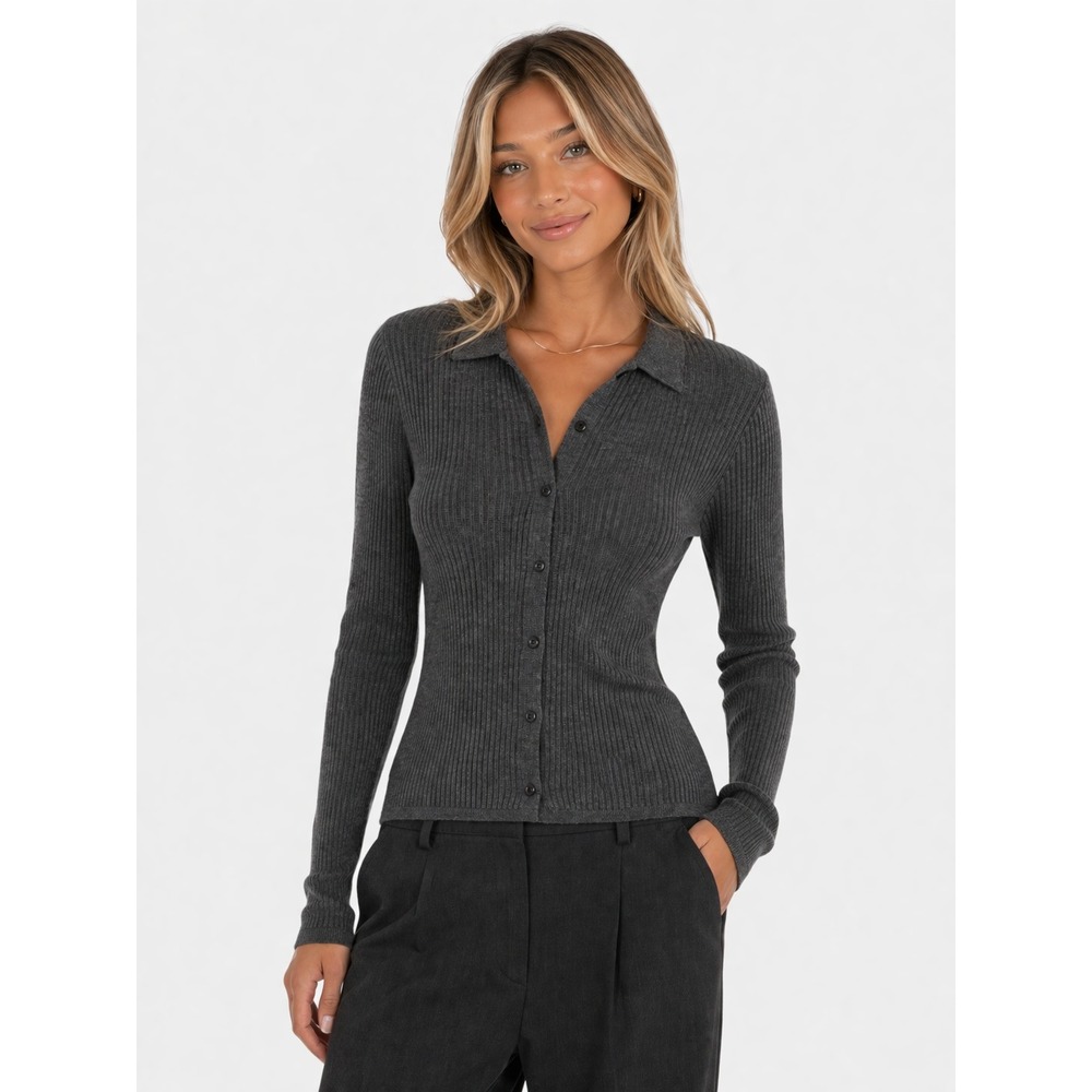 Uniqlo Gray 100% Wool Ribbed Knit Collared Button Front Cardigan Minimalist L
